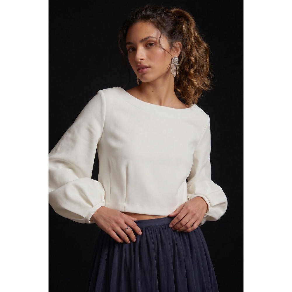 "Maeve" Anthropologie L Tie Back Ponte Pullover Lantern Puff‎ Sleeve Cropped Bow - Picture 2 of 13